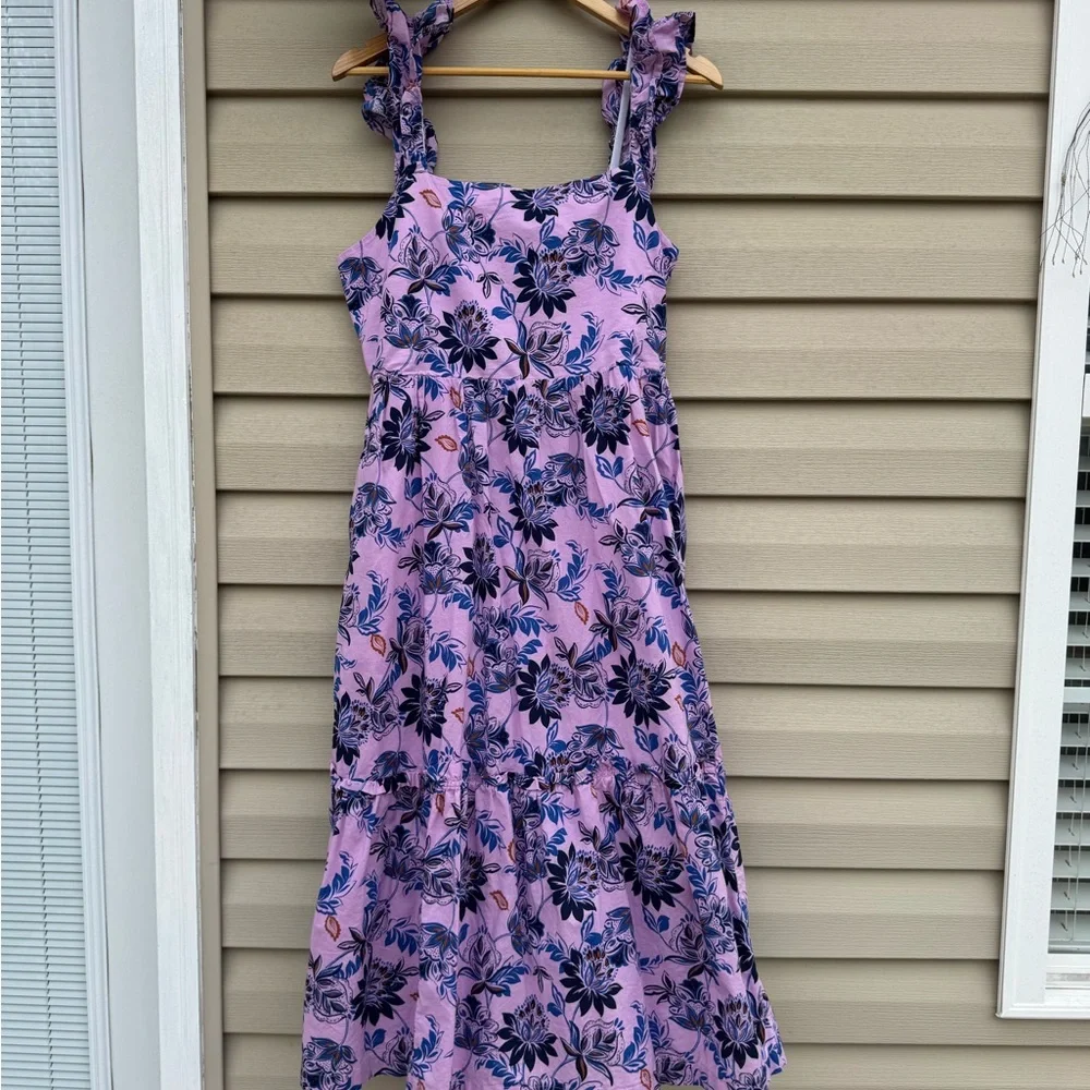 J Crew Square Neck Tiered Floral Pink and Blue Dress